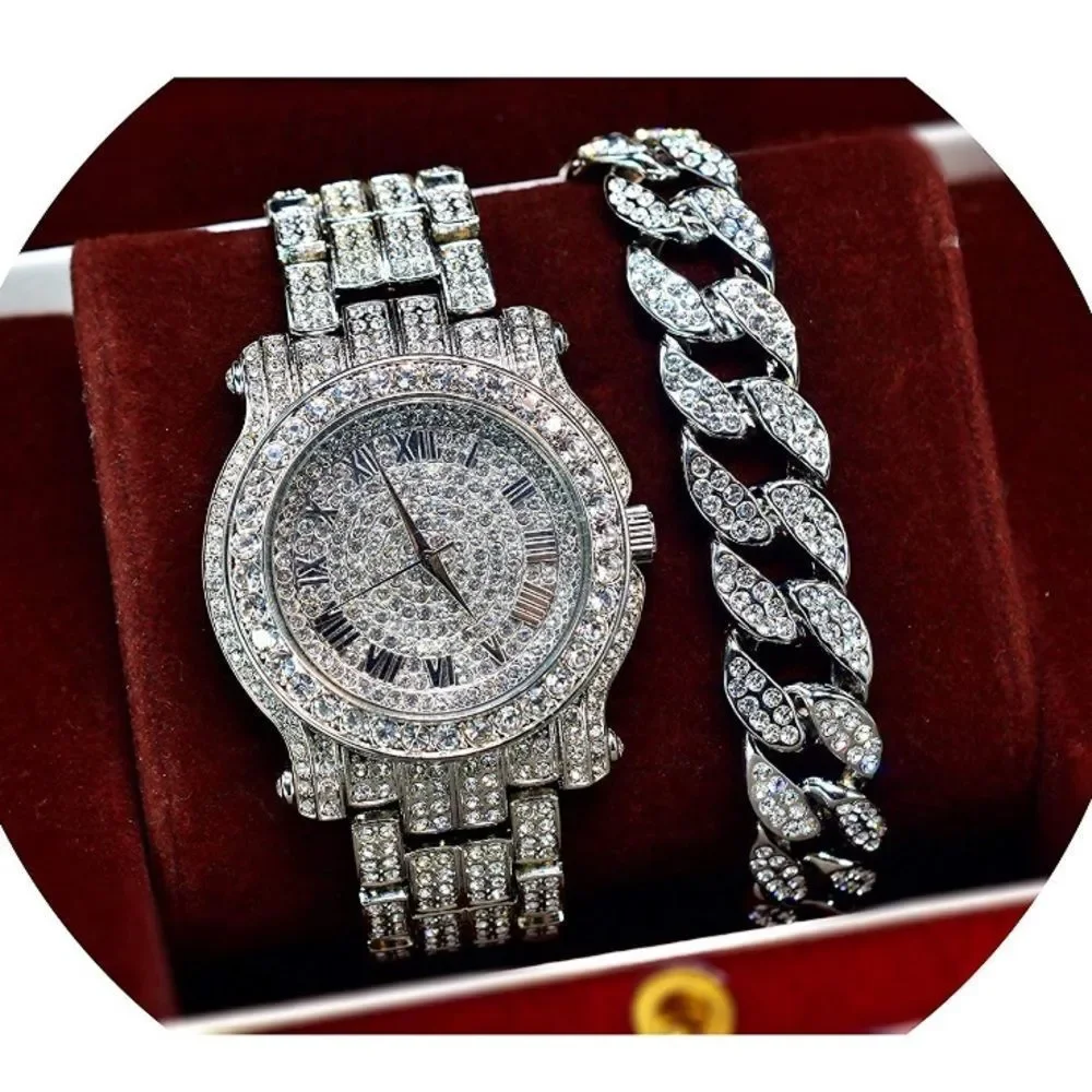 New Iced Out White Gold Watch Bracelet Gift Set - Picture 1 of 1